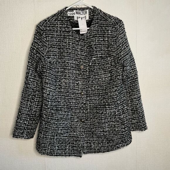WALTER BAKER Kennedy Metallic Bouclé-Tweed Jacket 4 Buttons Blazer BlackSilver M - Picture 8 of 11